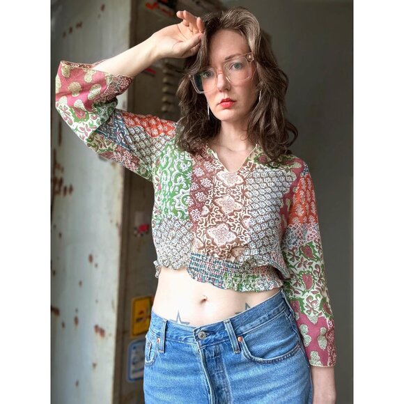 Vintage 70s Boho Patchwork Crop Top | Cotton Sheer Smocked Waist Blouse | Bell S - Picture 1 of 6
